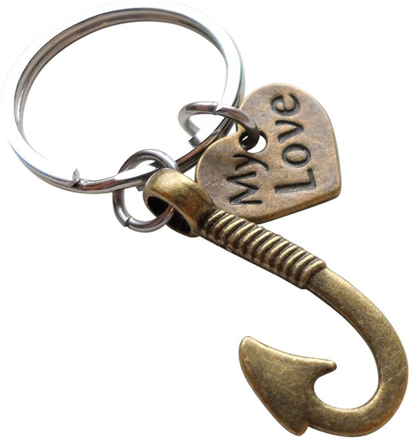 "My Love" Bronze Fish Hook Keychain - I'm Hooked on You; Couples Keychain