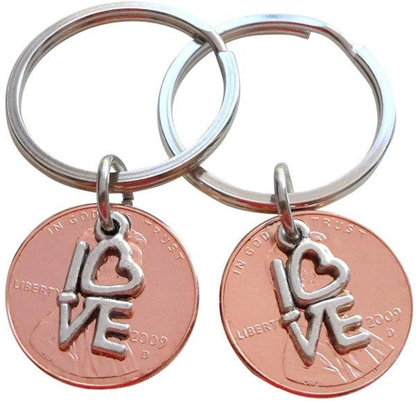 Double Keychain Set 2009 Penny Keychains with Love Charm; 13 Year Anniversary Gift, Couples Keychain