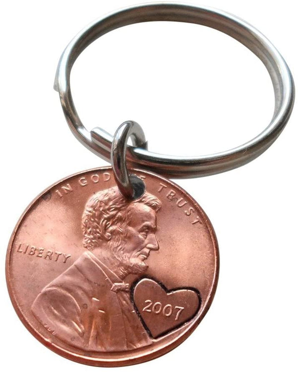 2007 Penny Keychain with Heart Around Year, Couples Keychain; 15 year Anniversary Gift, Engraved Couples Keychain