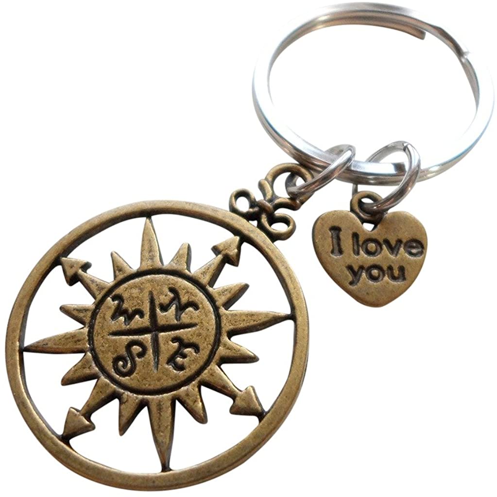 Bronze Sun Compass Keychain with "I Love You" Heart Charm - I'd Be Lost Without You; Couples Keychain