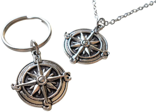 Compass Necklace & Compass Keychain Set - I'd Be Lost Without You; Couples Keychain