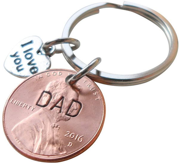 Dad Stamped on 2016 Penny Keychain, with I Love You Heart Charm, Father's Day Gift