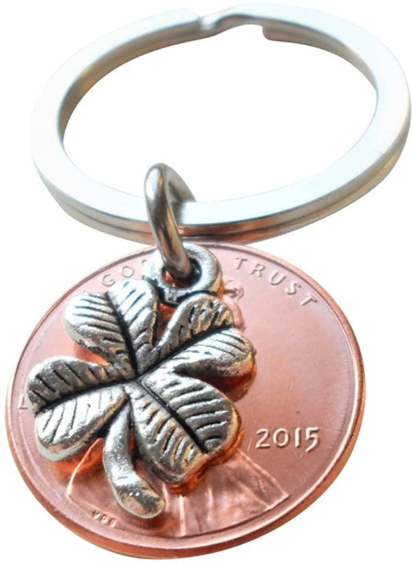 Clover Charm Layered Over 2015 Penny Keychain; 7 Year Anniversary Gift, Birthday Gift, Couples Keychain