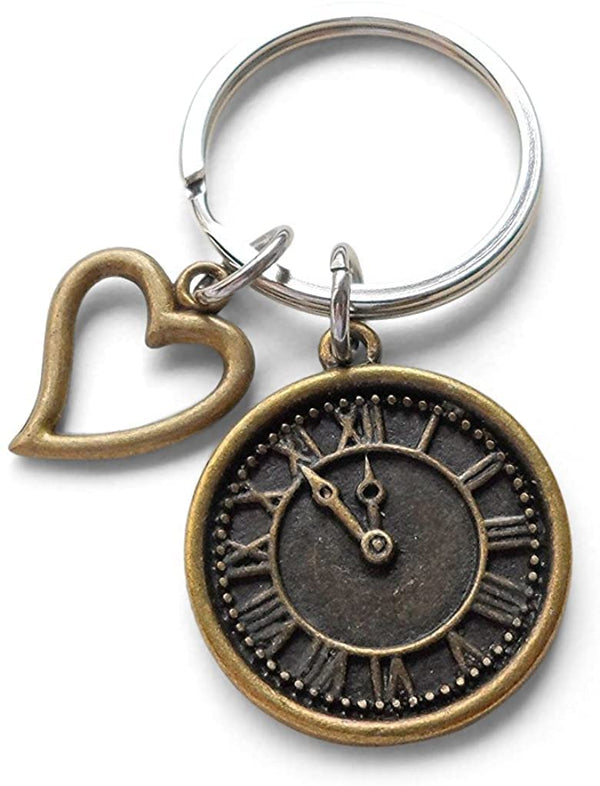 Custom Bronze Clock Keychain with Heart Charm & Option to Add Engraving on Back for Couples or Best Friends, Anniversary Gift Keychain