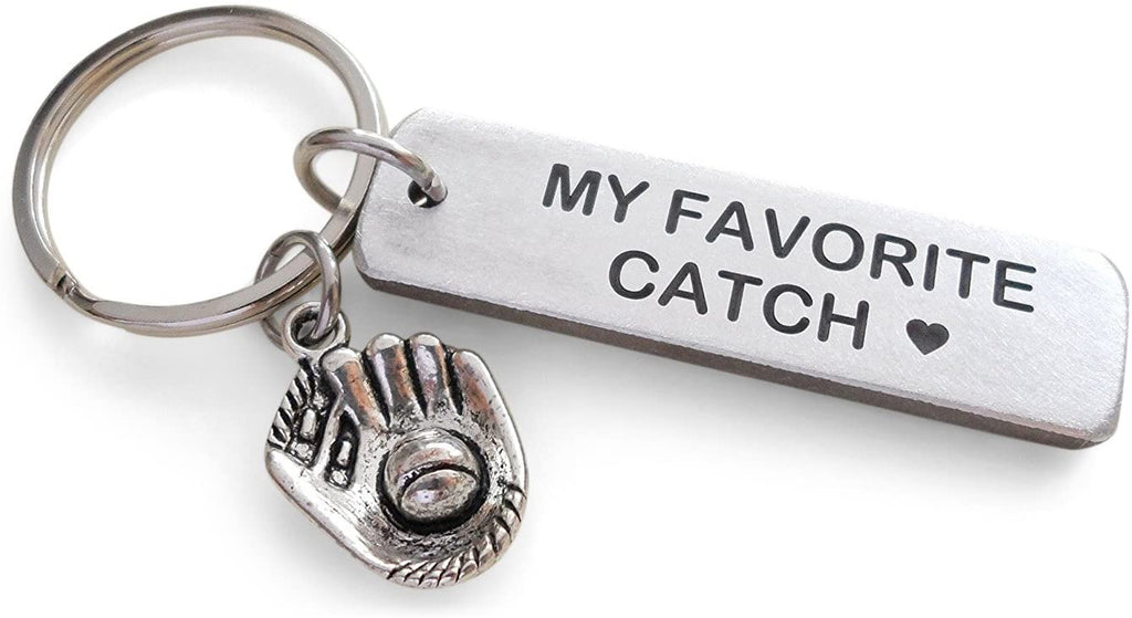 Baseball Mitt Charm Keychain With "My Favorite Catch" Engraved Aluminum Tag; Couples Keychain, Personalized Option