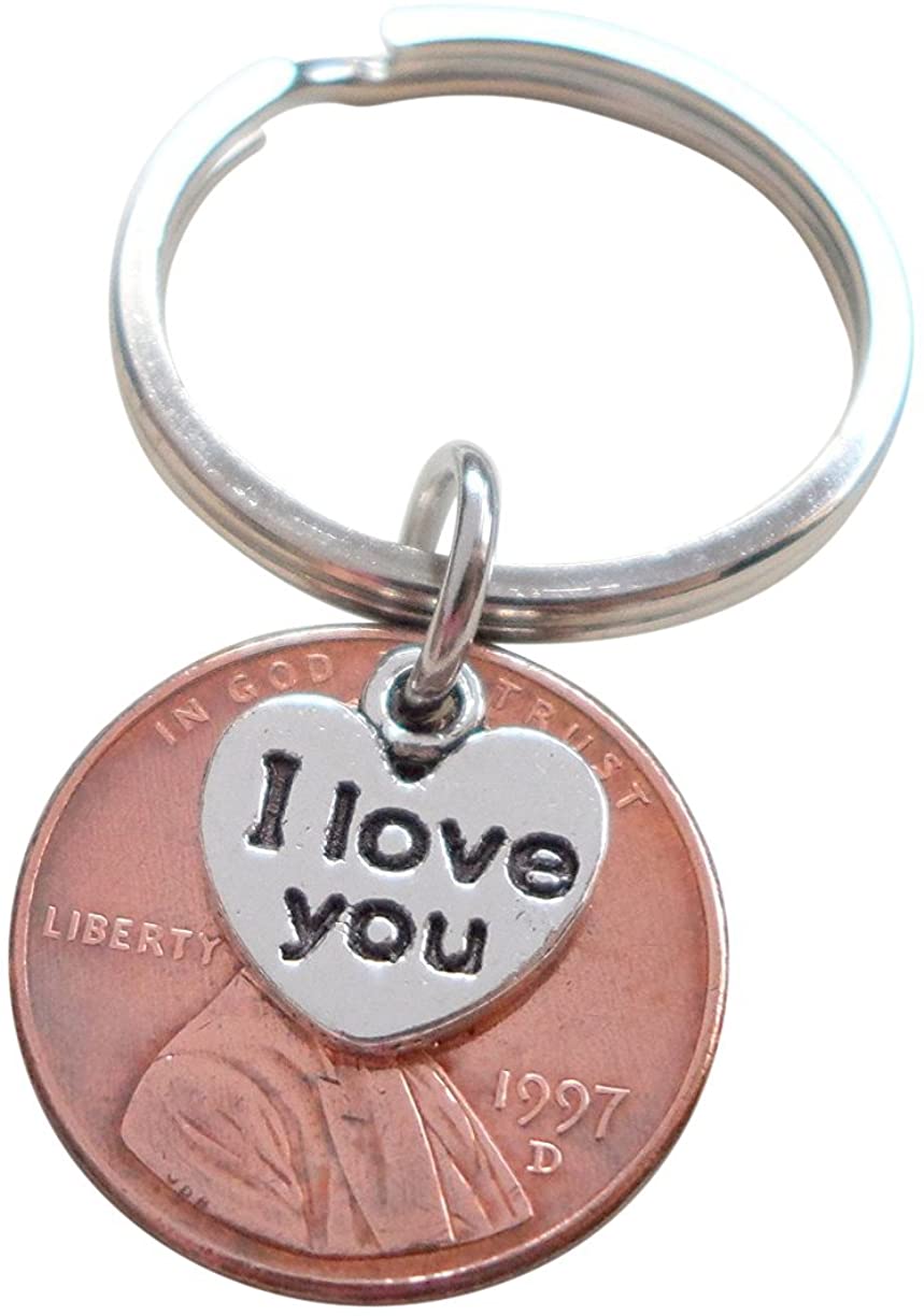 25 Year Anniversary Gift • I Love You Heart Charm Layered Over 1997 Penny Keychain by Jewelry Everyday
