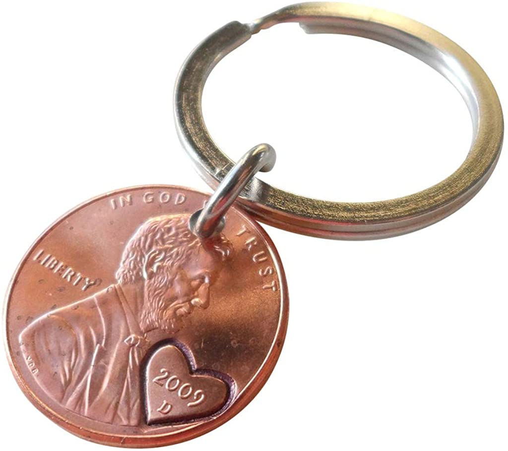 2009 Penny Keychain with Engraved Heart Around Year; 13 Year Anniversary, Couples Keychain