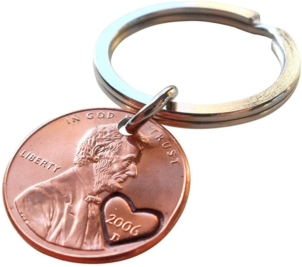 2006 Penny Keychain with Engraved Heart Around Year; 16 Year Anniversary, Couples Keychain