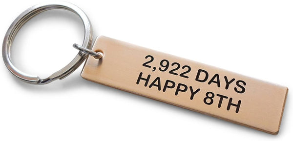 Bronze Tag Keychain Engraved with "2,922 Days, Happy 8th"; Handmade 8 Year Anniversary Couples Keychain, Personalized Option