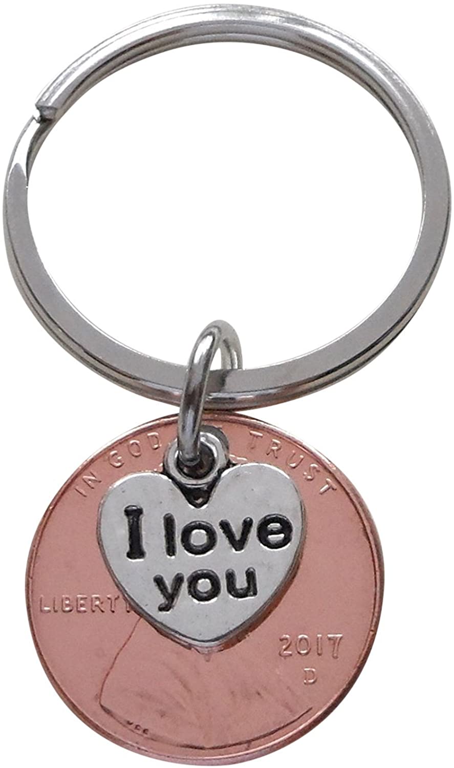 I Love You Heart Charm Layered Over 2017 Penny Keychain, Graduation Gift, Birthday Gift, Couples Keychain