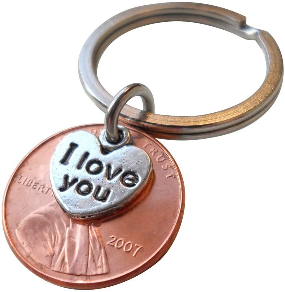 15-Year Anniversary Gift • 2007 Penny Keychain w/ "I Love You" Heart Charm by Jewelry Everyday