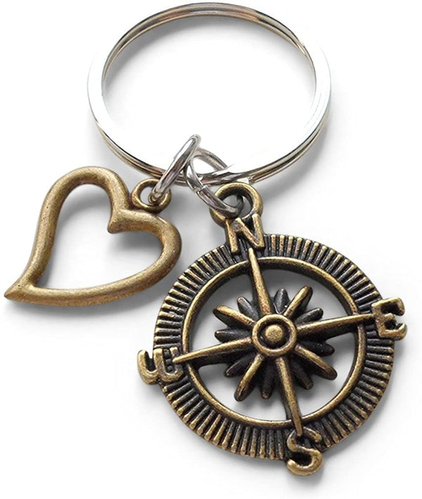 Bronze Open Metal Compass Keychain with Heart Charm - I'd Be Lost Without You