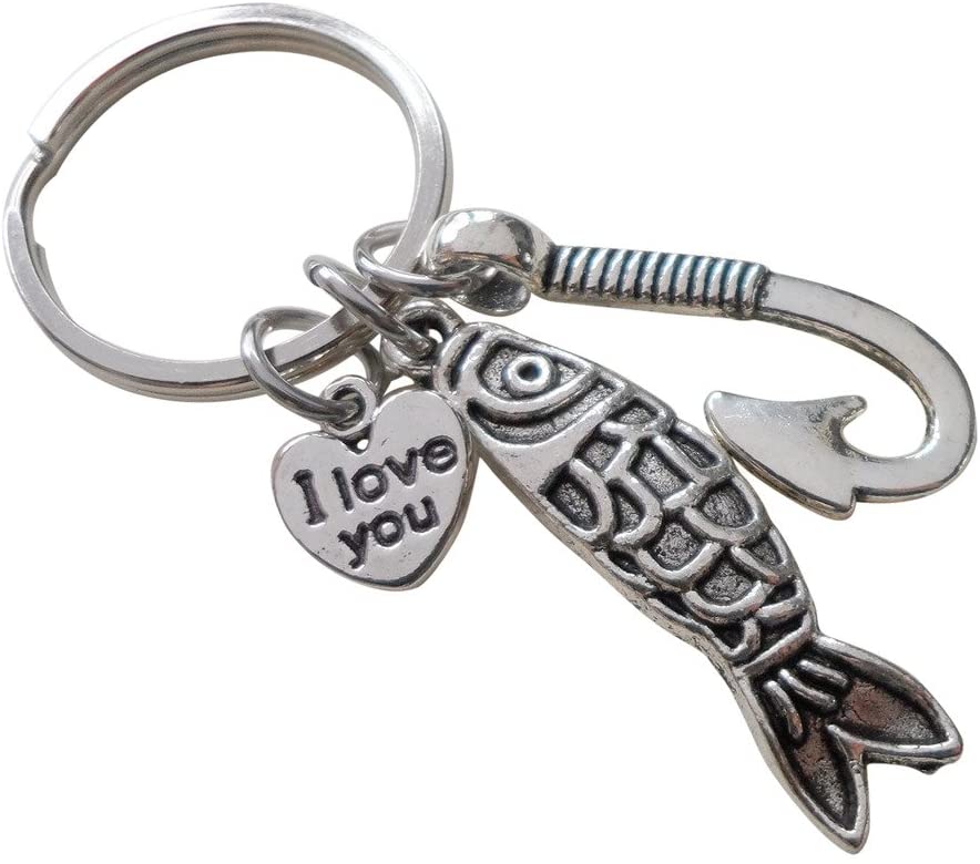 Silver Fish Charm and Hook Charm Keychain - My Dad Can Catch Anything; Father's Keychain
