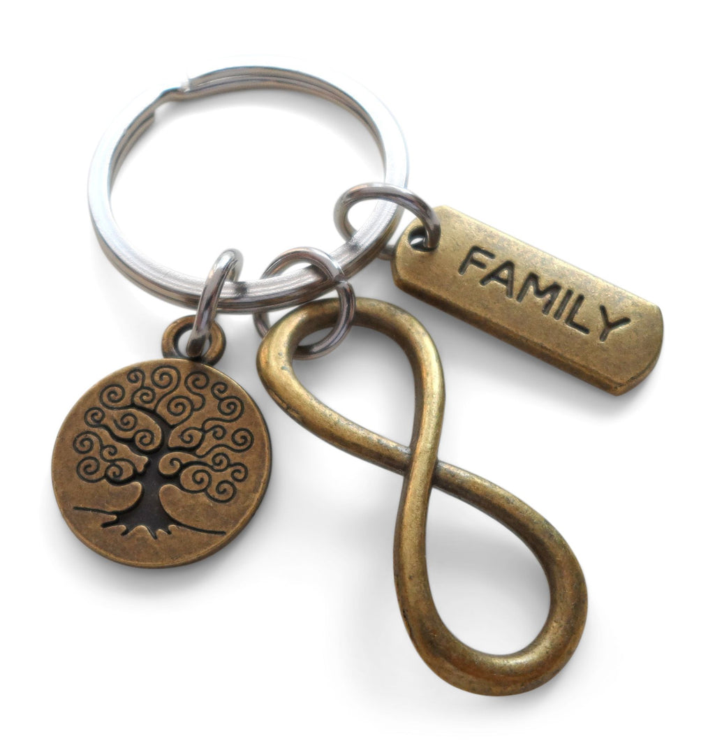 Bronze Infinity Symbol Charm Keychain with Family Tag & Tree Charm - For Infinity; Family Keychain