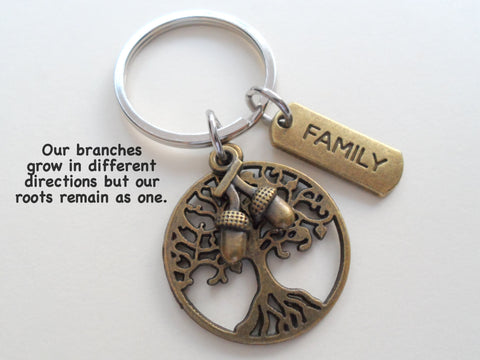 Bronze Family Tree Charm Keychain with Acorn Seeds Charm, Family Reunion Gift -Our Roots Remain as One