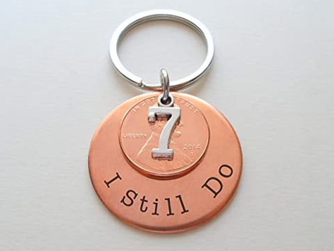 Custom Engraved Copper Disc Keychain with Penny and 7 Charm, 7 Year Anniversary Gift Keychain, Personalized Engraved Keychain