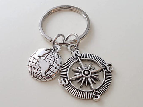 Compass Keychain with World Globe Charm - I'd Be Lost Without You; Couples Keychain