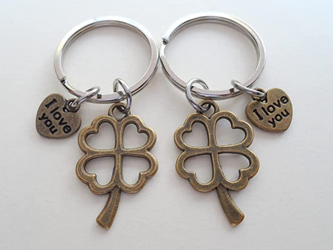 2 Keychains, Each with "I Love You" Heart Charm & Bronze Four Leaf Clover Charm - Lucky to Have You, Couples Keychains