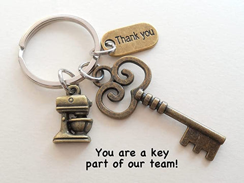 Bronze Key & Mixer Charm Keychain, Baker's Keychain, Bakery Employee Appreciation, School Lunch Staff Thank You Keychain