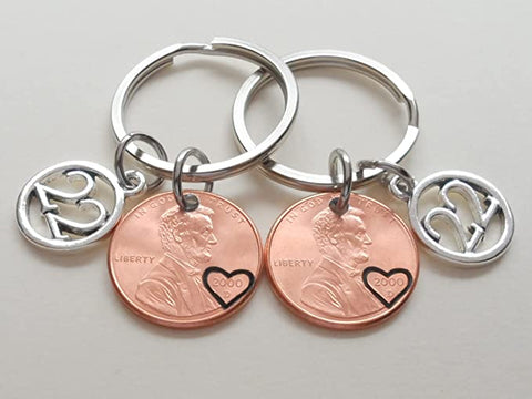 Double Keychain Set, 2000 Penny Keychains with Heart Around the Year, and with Number 22 Charms; 22 Year Anniversary