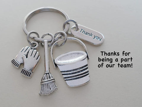 Housekeeping Appreciation Gift Keychain; Bucket, Broom, Work Gloves, Thank You Charm Keychain