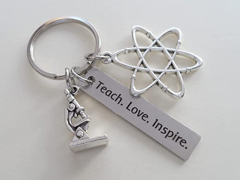 Atom & Microscope Keychain with Engraved Tag "Teach. Love. Inspire.", Chemistry, Microbiologist, Physics, or Science Teacher Keychain