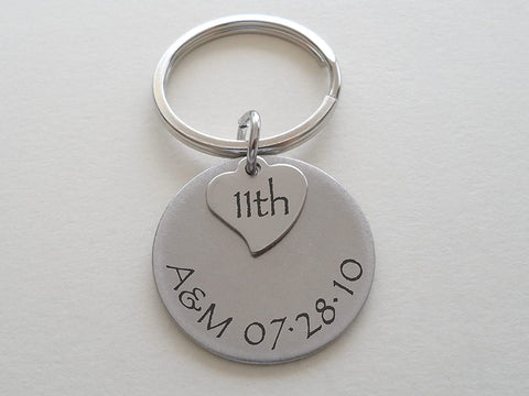 Custom Engraved Stainless Steel Disc Keychain with Heart Tag for Couples 11 Year Anniversary Gift Keychain, Add Backside Engraving