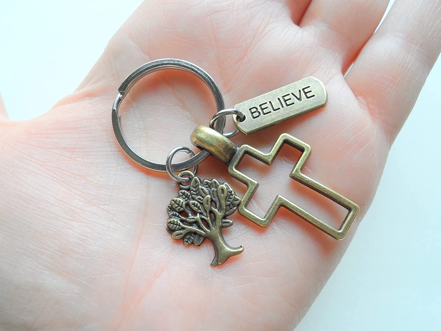 JewelryEveryday Bronze Cross Keychain with Believe Tag Charm, Religious Keychain