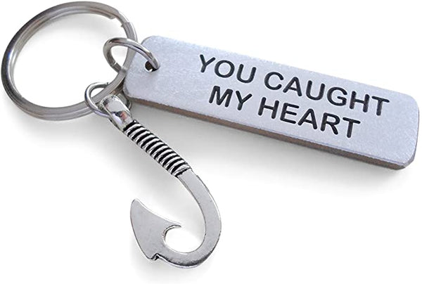 Aluminum Tag Keychain Engraved with "You Caught My Heart" and Fish Hook Charm Keychain, Engraved Aluminum Tag; Engraved Couples Keychain