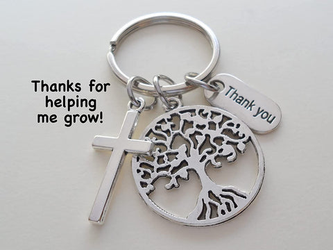 Tree, Cross, & Thank You Charm Keychain, Religious Teacher, Neighbor or Volunteer Keychain