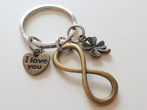 Bronze Infinity Charm Keychain with an I Love You Heart & Clover Charm, Couples Keychain