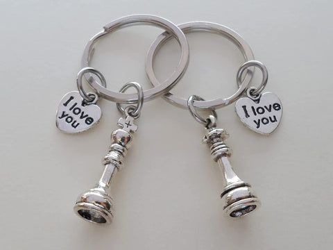 Small Chess Piece Charm Keychains with I Love You Heart Charms, King and Queen Set - Couples Keychain Set