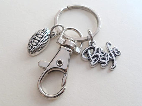 Football Player Keychain with Be Safe Charm and Swivel Clasp Hook, American Football Player or Coach Keychain