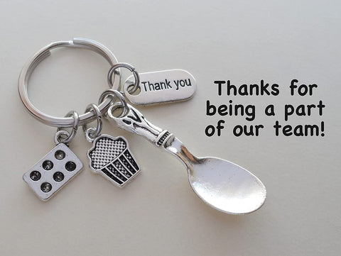Baker's Keychain, Spoon Charm, Muffin, Muffin Tin Charm, and Thank You Charm, Bakery Employee or School Lunch Staff Appreciation Keychain