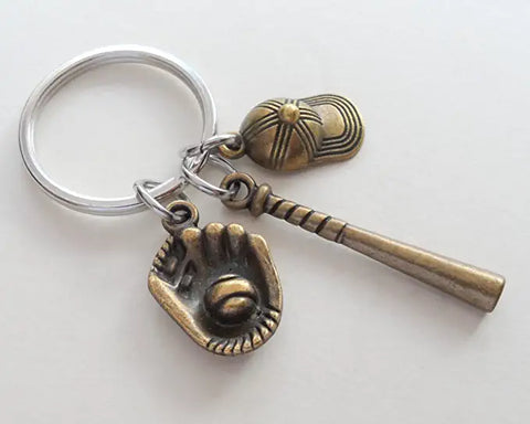 Bronze Baseball Bat, Mitt, and Baseball Cap Charm Keychain, Softball or Baseball Team Player Keychain