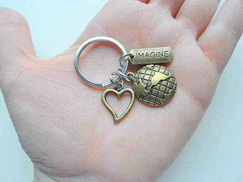 Bronze World Globe Charm Keychain with Heart & Imagine Tag, Volunteer or Community Service Keychain