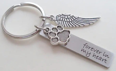 Forever in My Heart Engraved Steel Rectangle Tag Keychain with Paw & Wing Charm, Pet Memorial Keychain