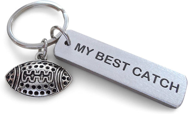 "My Best Catch" Engraved on Aluminum Tag Keychain and Football Charm Keychain; Couples Keychain