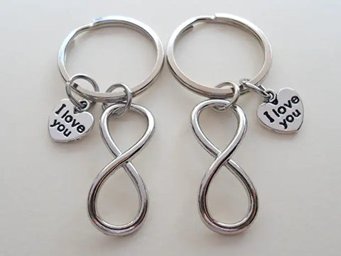 Double Infinity Charm Keychains with I Love You Heart Charms; Couple Keychains, Best Friends Keychains