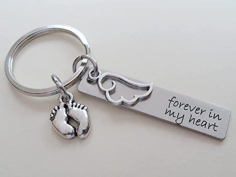 Forever in My Heart Engraved Steel Rectangle Tag Keychain with Small Wing Charm and Baby Feet Charm, Memorial Keychain