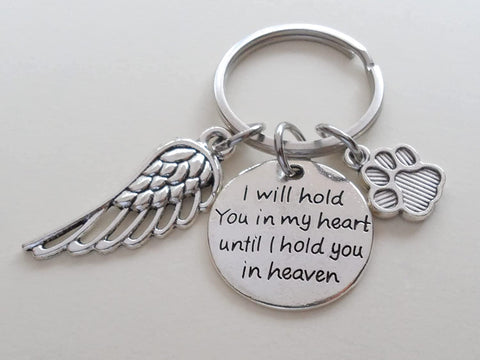 Paw Print Charm, Wing Charm, and "I Will Hold You in My Heart" Disc Charm Keychain, Pet Memorial Keychain