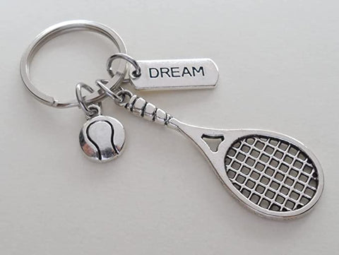 Tennis Keychain with Tennis Ball Charm & Dream Tag Charm, Tennis Player or Teacher Keychain