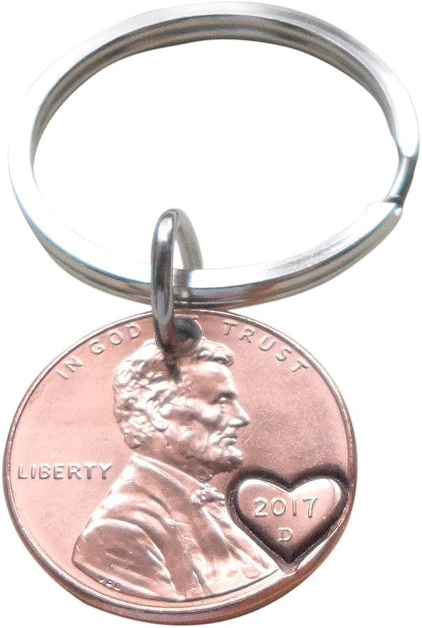 2017 Penny Keychain with Heart Around Year; 5 Year Anniversary Gift, Couples Keychain