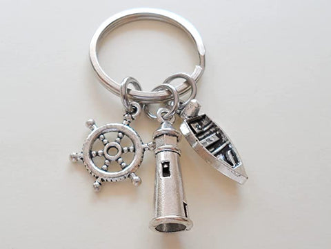 Lighthouse Keychain with Small Helm, and Boat Charm