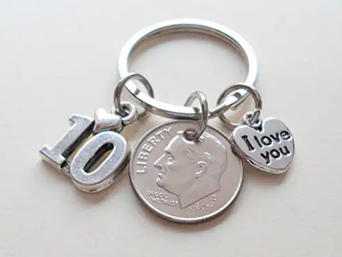 Custom Dime Keychain with I Love You Heart & Number 10 Charm, 10 Year Anniversary Gift, Husband Wife Key Chain, Boyfriend Girlfriend Gift, Customized Couples Keychain