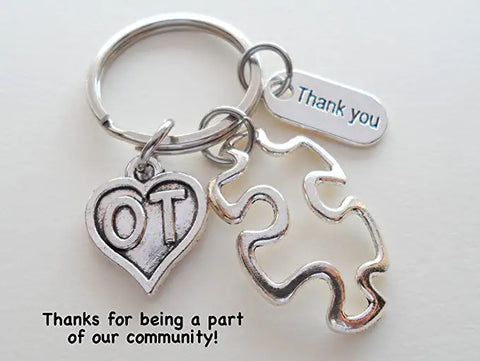 Occupational Therapist Keychain with Puzzle Charm, OT Heart, and Thank You Charm, OT Appreciation Gift