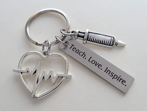 Medical Charm Keychain with Heart Beat Charm & Syringe Charm, and "Teach. Love. Inspire." Engraved Tag, Medical Professional or Professor Keychain