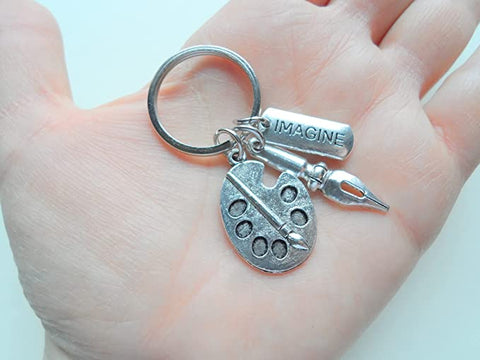 Art Palette Charm Keychain with Calligraphy Pen Charm, & "Imagine" Tag Charm, Art Teacher or Art Student Keychain