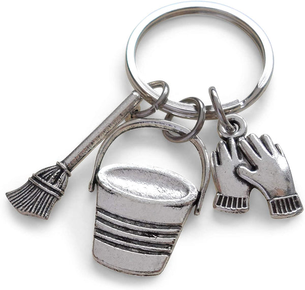 Housekeeping Appreciation Gift Keychain; Bucket, Broom, Work Gloves Charm Keychain