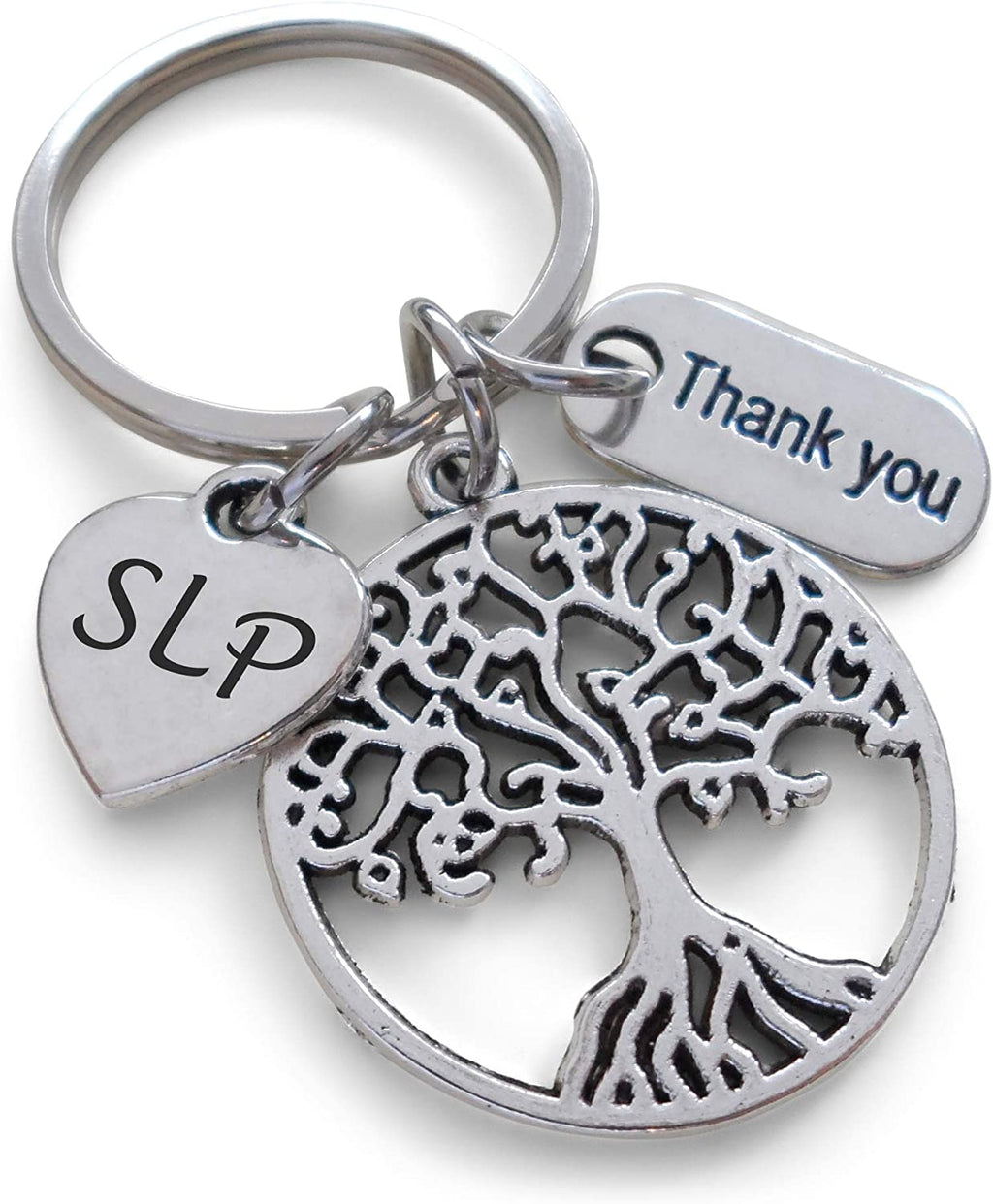 Employee Appreciation Gifts • Speech Therapist Keychain, Speech Language Pathologist Keychain with Tree, SLP Heart, and "Thank You" Tag w/ "Thanks for helping me grow" Card by JewelryEveryday